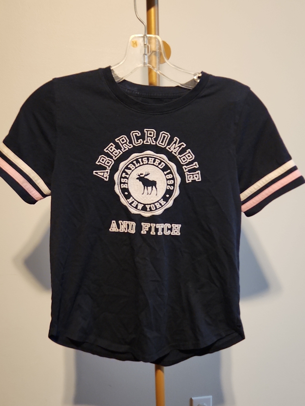 Abercrombie & Fitch Navy Tee with Pink and White Sleeve Stripes